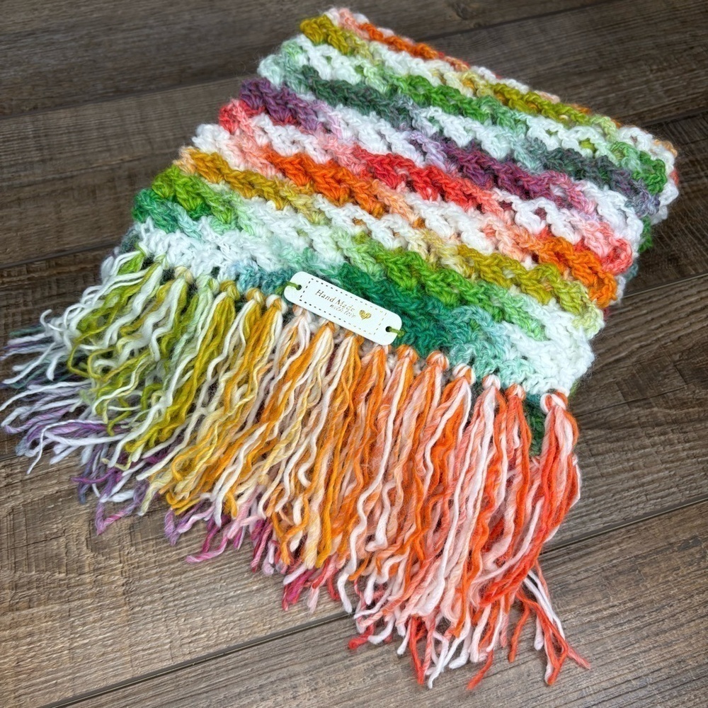 Handcrafted Crochet Scarf Colorful Multicolor Womens Ripple Waffle Stitch Knit - Picture 16 of 16